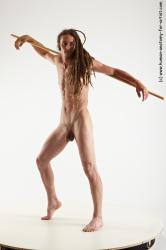 Nude Fighting with spear Man White Standing poses - ALL Slim Brown Standing poses - simple Dreadlocks Realistic